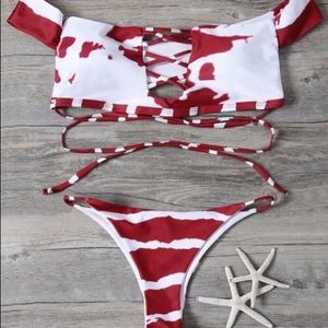 Red and white tie dye bathing suit